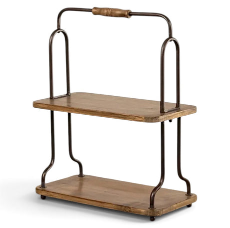 Two-tier wood and dark metal tabletop display shelf with turned wood handle