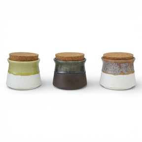 two tone ceramic storage jar with cork lid reactive glaze small decorative jar