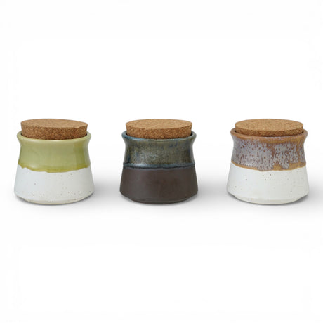two tone ceramic storage jar with cork lid reactive glaze small decorative jar