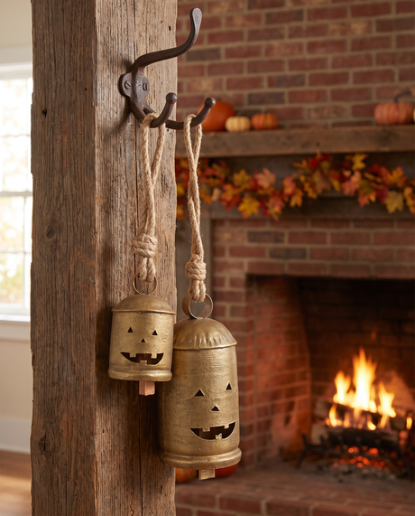 Antique Gold Jack-O’-Lantern Metal Bell with Rope