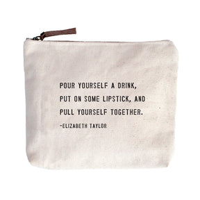 Sugarboo canvas zip pouch with Elizabeth Taylor quote and leather zipper pull