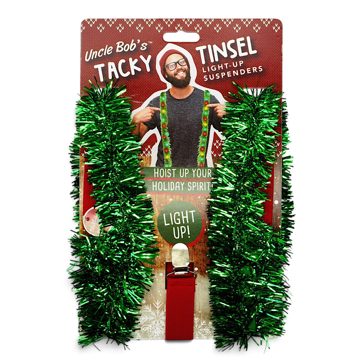 Uncle Bob’s Tacky Tinsel light-up Christmas suspenders with green garland, colorful LED lights, adjustable straps, and metal clips