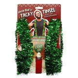 Uncle Bob’s Tacky Tinsel light-up Christmas suspenders with green garland, colorful LED lights, adjustable straps, and metal clips