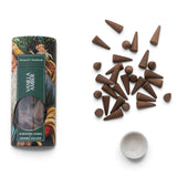 Vanilla Amber handmade incense cones with a round white ceramic holder and vintage-inspired holiday printed tube