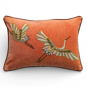 velvet lumbar pillow with beaded crane embroidery 20x14 decorative bird accent pillow