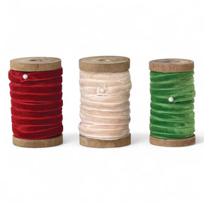 velvet ribbon in red, ivory, and green