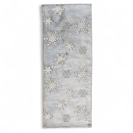 Taupe cotton blend velvet table runner with cream beaded embroidered snowflakes