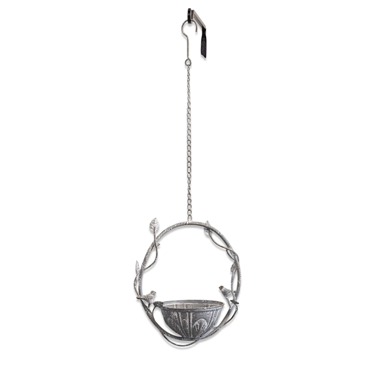 Hanging bird feeder with vine frame and perched birds