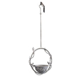 Hanging bird feeder with vine frame and perched birds