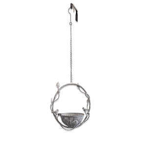 Hanging bird feeder with vine frame and perched birds
