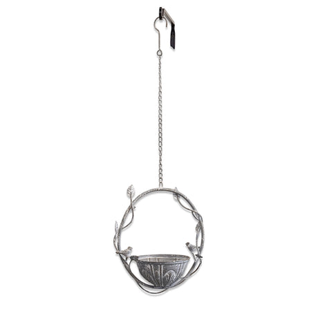 Hanging bird feeder with vine frame and perched birds