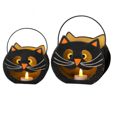 Two vintage-inspired black cat buckets with cutout faces and handles in different sizes