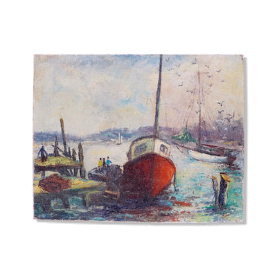 vintage boat canvas wall art coastal harbor painting distressed nautical wall decor