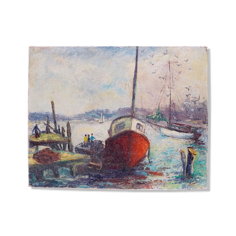 vintage boat canvas wall art coastal harbor painting distressed nautical wall decor