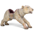 Distressed cream carousel polar bear container with a muted multicolor saddle, decorative collar, and an opening in its back.
