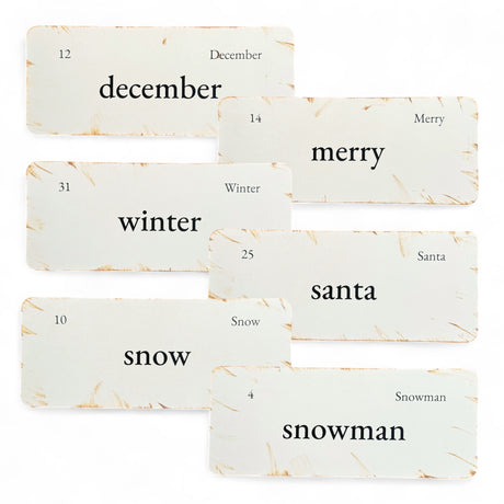 Set of Christmas-themed flashcards with text on a white background