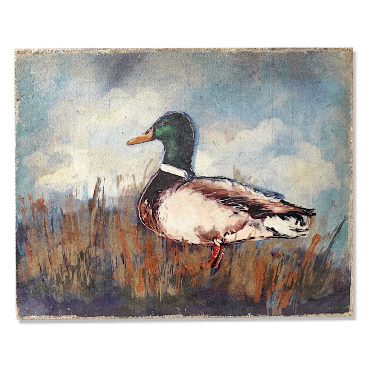 rustic distressed canvas wall art featuring a duck in marsh scene