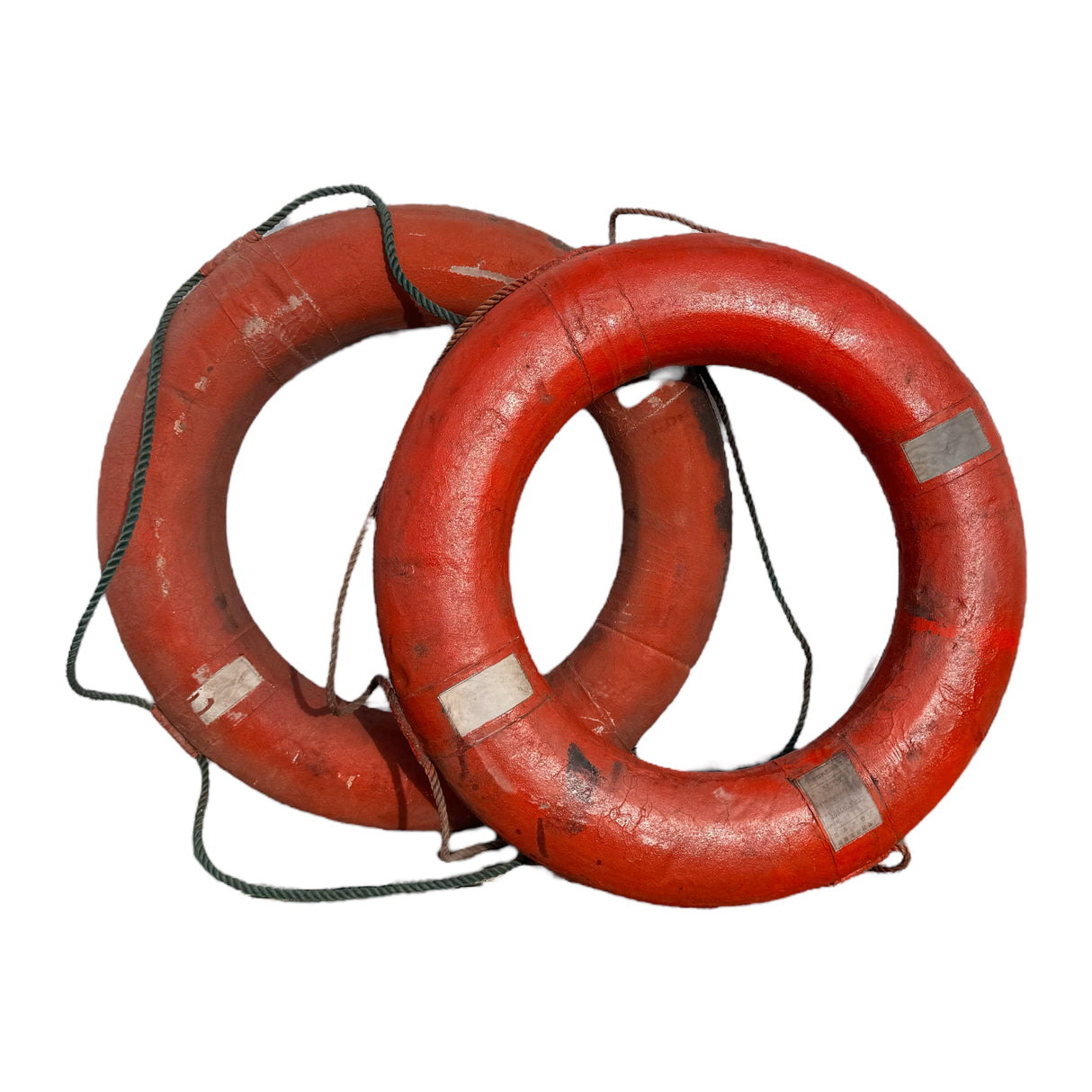 Vintage circular life preserver with natural cording and signs of water life, sourced from watercraft in India.