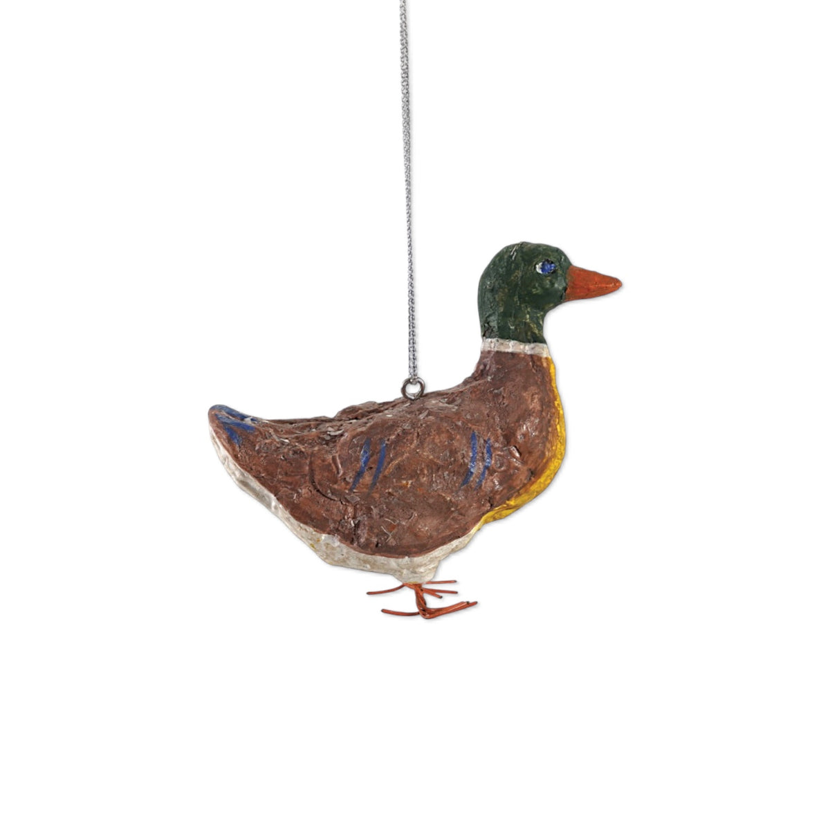 Handmade paper mache mallard duck ornament with a green head, orange bill, brown body, metal wire feet, and silver-colored hanging cord