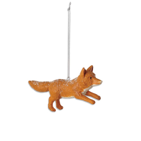 Orange and white resin fox ornament in a leaping pose with a bushy tail, textured surface, and silver-colored hanging cord