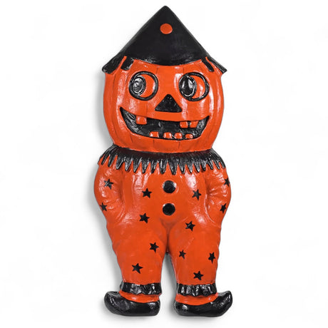 Vintage-inspired paper mache pumpkin wall decor with clown-style costume and hat