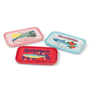 vintage sardine tin style ceramic serving plate with fish label design