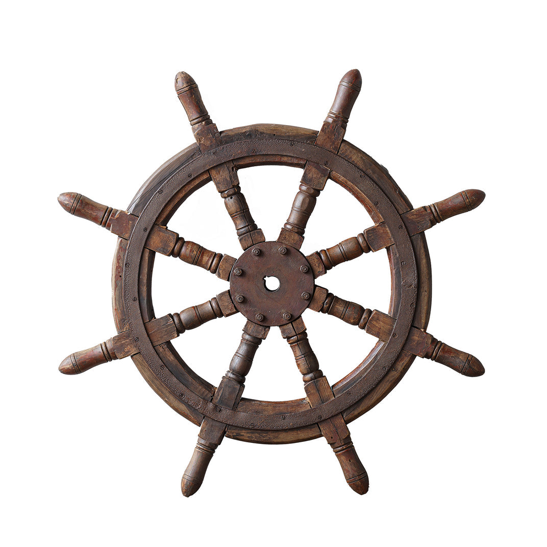 Vintage ship's wheel, large size, carved from elm wood, with a rustic finish and natural hue.