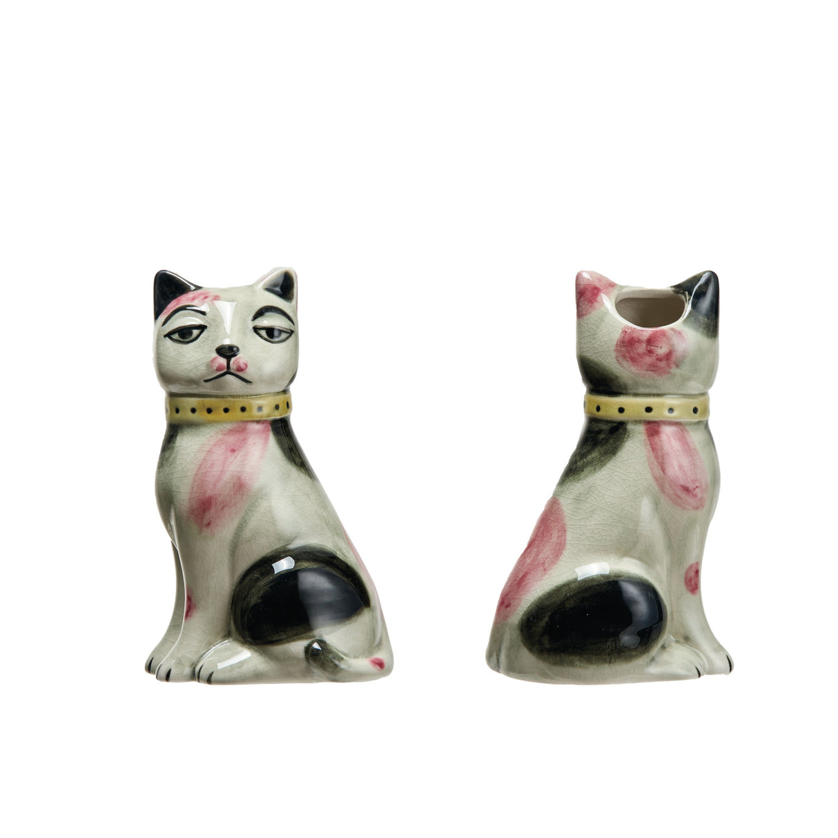 Hand-painted Staffordshire-style cat vase with crackle glaze finish in pink, black, and cream tones.
