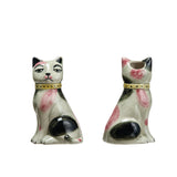 Hand-painted Staffordshire-style cat vase with crackle glaze finish in pink, black, and cream tones.