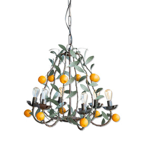 vintage metal tole chandelier with green leaves and orange tangerines
