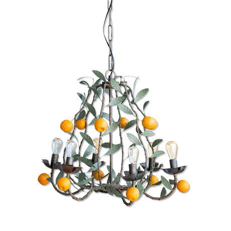 vintage metal tole chandelier with green leaves and orange tangerines