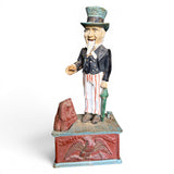 vintage uncle sam cast iron mechanical coin bank americana collectible patriotic cast iron bank antique reproduction decor
