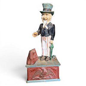 vintage uncle sam cast iron mechanical coin bank americana collectible patriotic cast iron bank antique reproduction decor