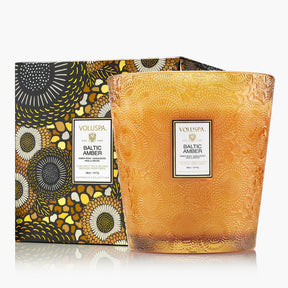 Voluspa Baltic Amber 38 oz 3 wick Hearth Candle in embossed amber glass vessel