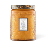 Voluspa Baltic Amber 18 oz large jar candle in embossed amber glass with decorative metal lid