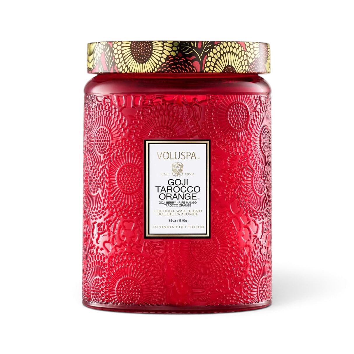 Voluspa Goji Tarocco Orange 18 oz large jar candle in embossed red glass with decorative metal lid