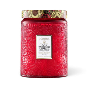 Voluspa Goji Tarocco Orange 18 oz large jar candle in embossed red glass with decorative metal lid