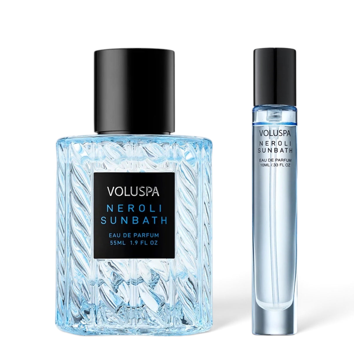 Voluspa Neroli Sunbath Eau de Parfum in 10 mL travel spray and 55 mL full-size perfume bottle