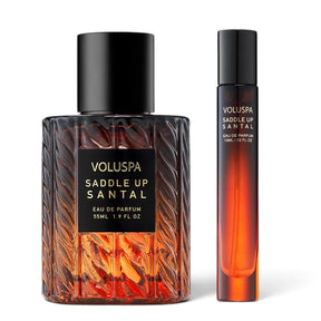 Voluspa Saddle Up Santal Eau de Parfum in 10 mL travel spray and 55 mL full-size perfume bottle