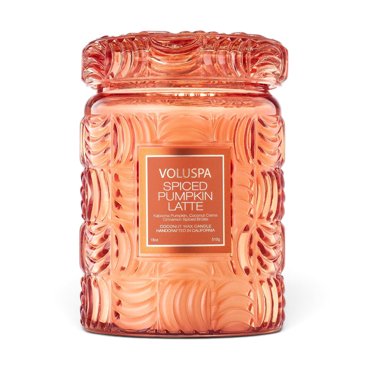 Voluspa Spiced Pumpkin Latte 18 oz large jar candle in embossed orange glass