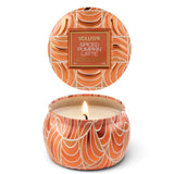 Voluspa Spiced Pumpkin Latte 4 oz mini tin candle with orange pumpkin pattern and matching lid