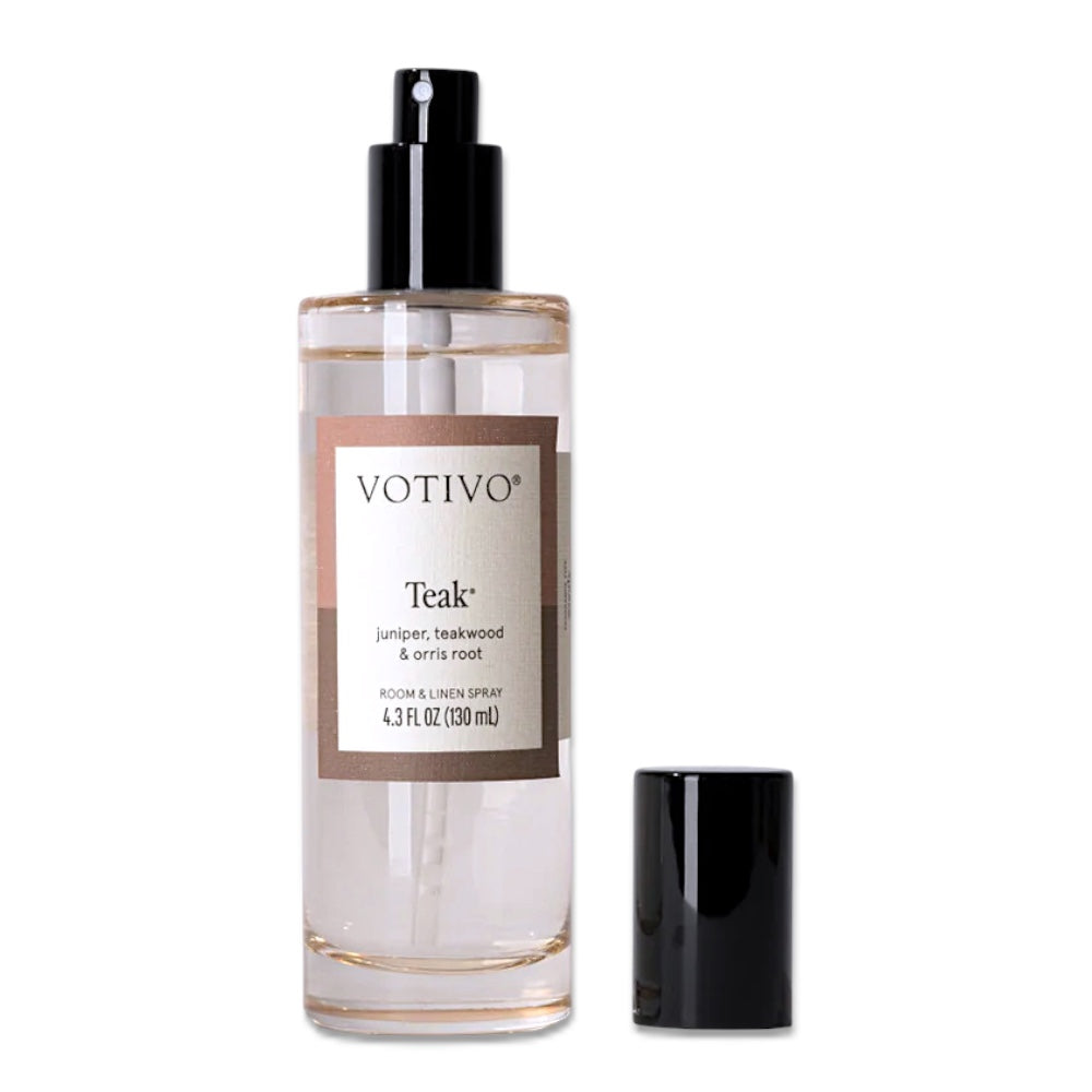 Votivo Teak room and linen spray 4.3 oz woodsy amber musk fragrance
