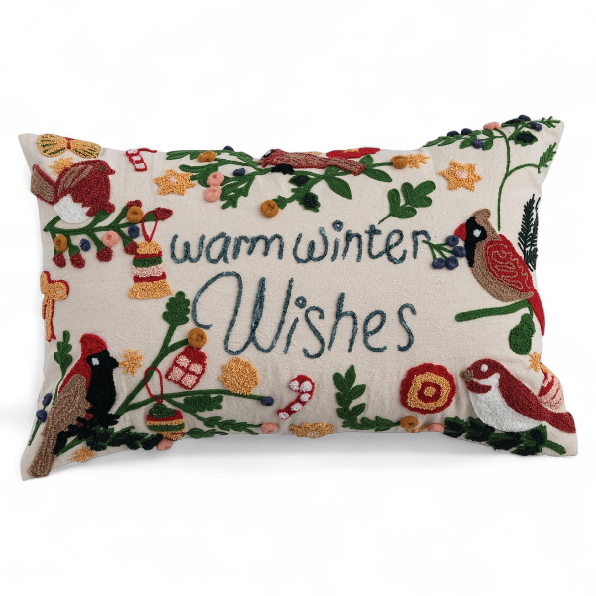 22x14 cotton lumbar pillow with tufted embroidery, Warm Winter Wishes design with birds