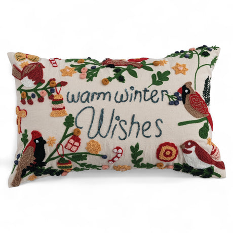 22x14 cotton lumbar pillow with tufted embroidery, Warm Winter Wishes design with birds