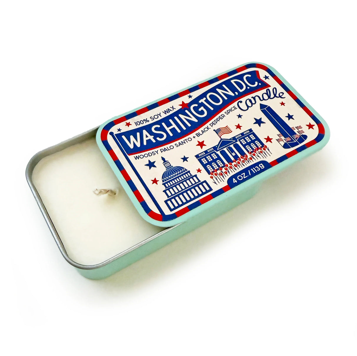 Washington DC soy candle with palo santo and black pepper scent in reusable 4 oz sardine tin