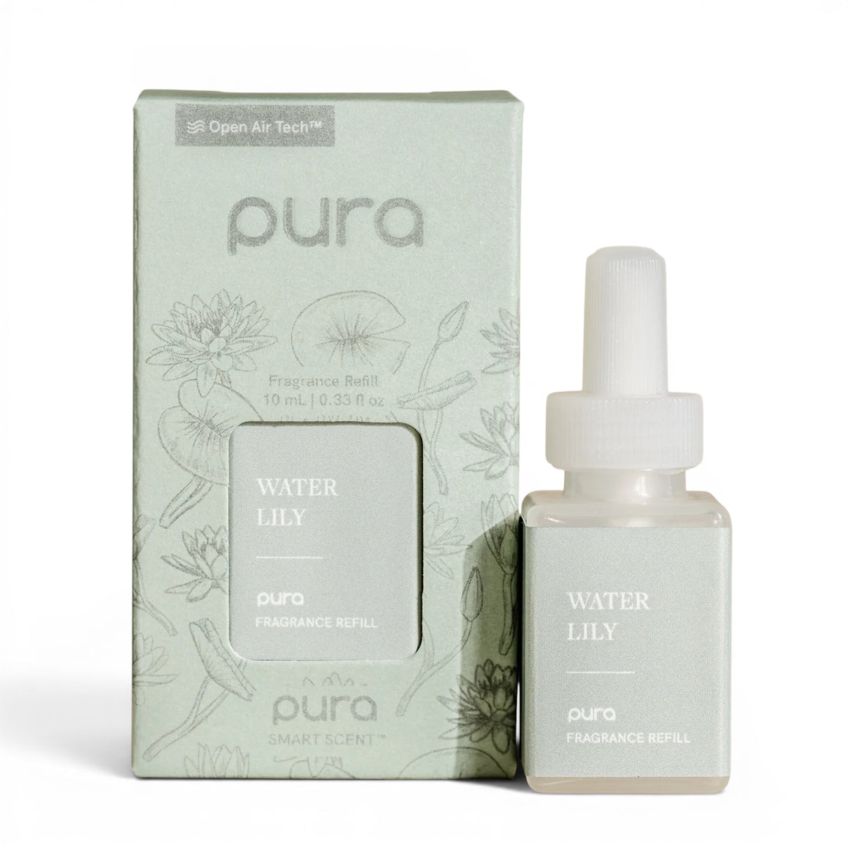 Water Lily Pura fragrance refill with pet odor reducing technology featuring bergamot, water lily, dewy greens, and soft musk