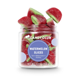 Watermelon slice–shaped gummy candies with pink centers and green rind in a Candy Club small cup (gluten-free)