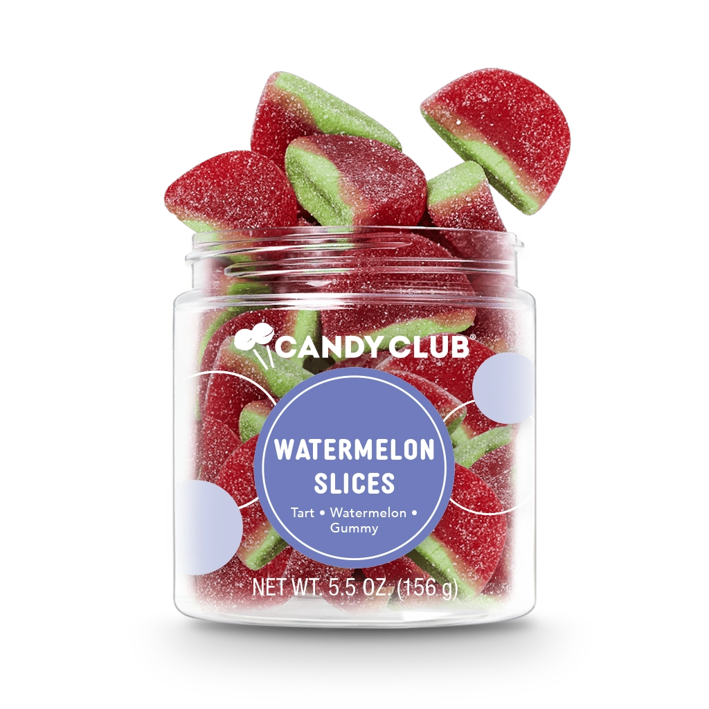 Watermelon slice–shaped gummy candies with pink centers and green rind in a Candy Club small cup (gluten-free)