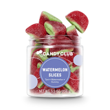 Watermelon slice–shaped gummy candies with pink centers and green rind in a Candy Club small cup (gluten-free)