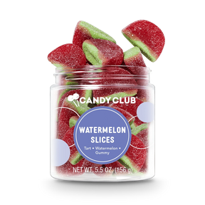 Watermelon slice–shaped gummy candies with pink centers and green rind in a Candy Club small cup (gluten-free)